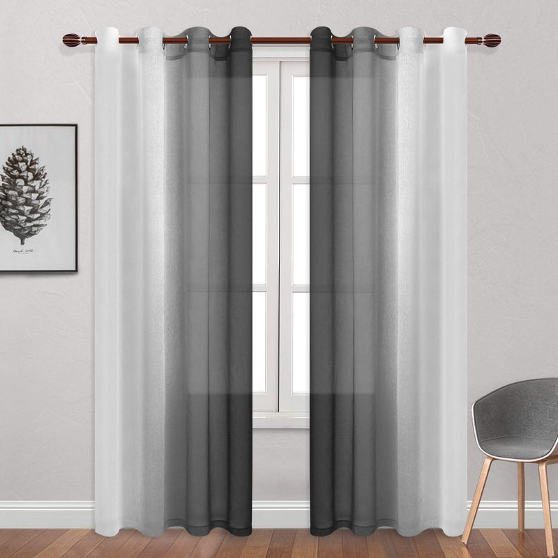 DWCN Black Ombre Sheer Curtains - Faux Linen Gradient Semi Voile Bedroom and Living Room Curtains, Set of 2 Grommet Top Window Curtain Panels, 52 x 90 Inches Long - Image 2